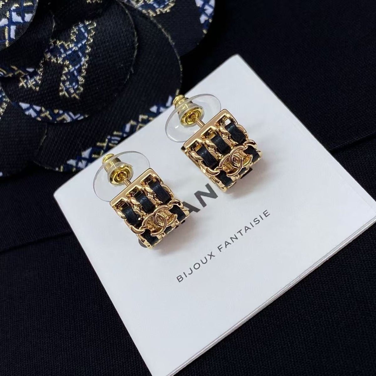 black leather double c Drop Earrings for women - alternate angle view 3