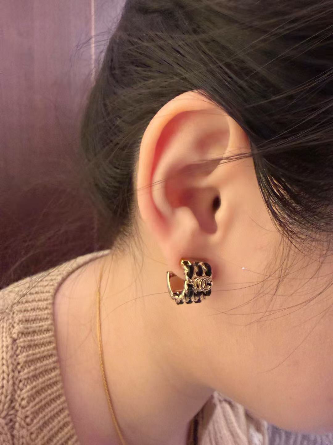 black leather double c Drop Earrings for women - alternate angle view 6