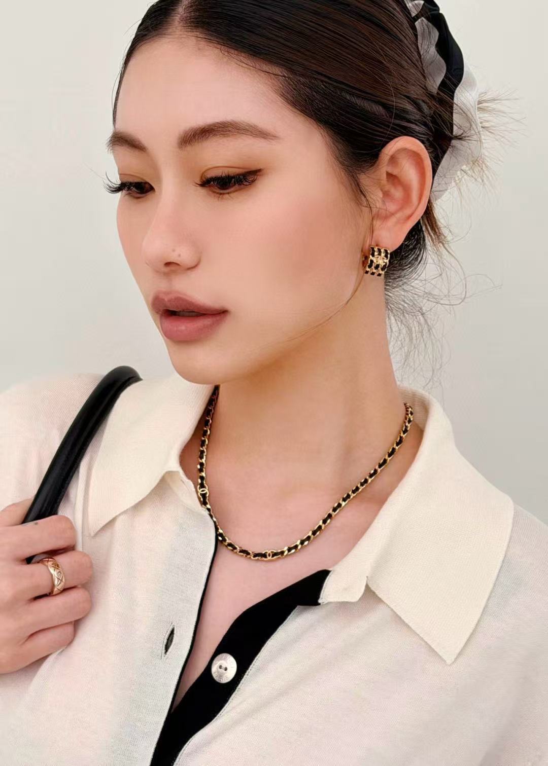black leather double c Drop Earrings for women - alternate angle view 4