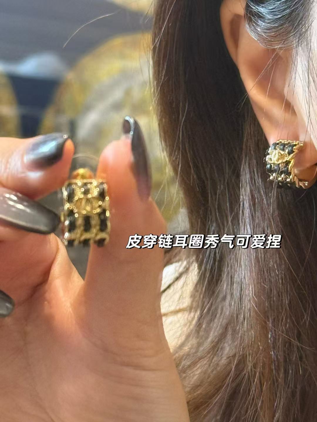 black leather double c Drop Earrings for women - alternate angle view 2