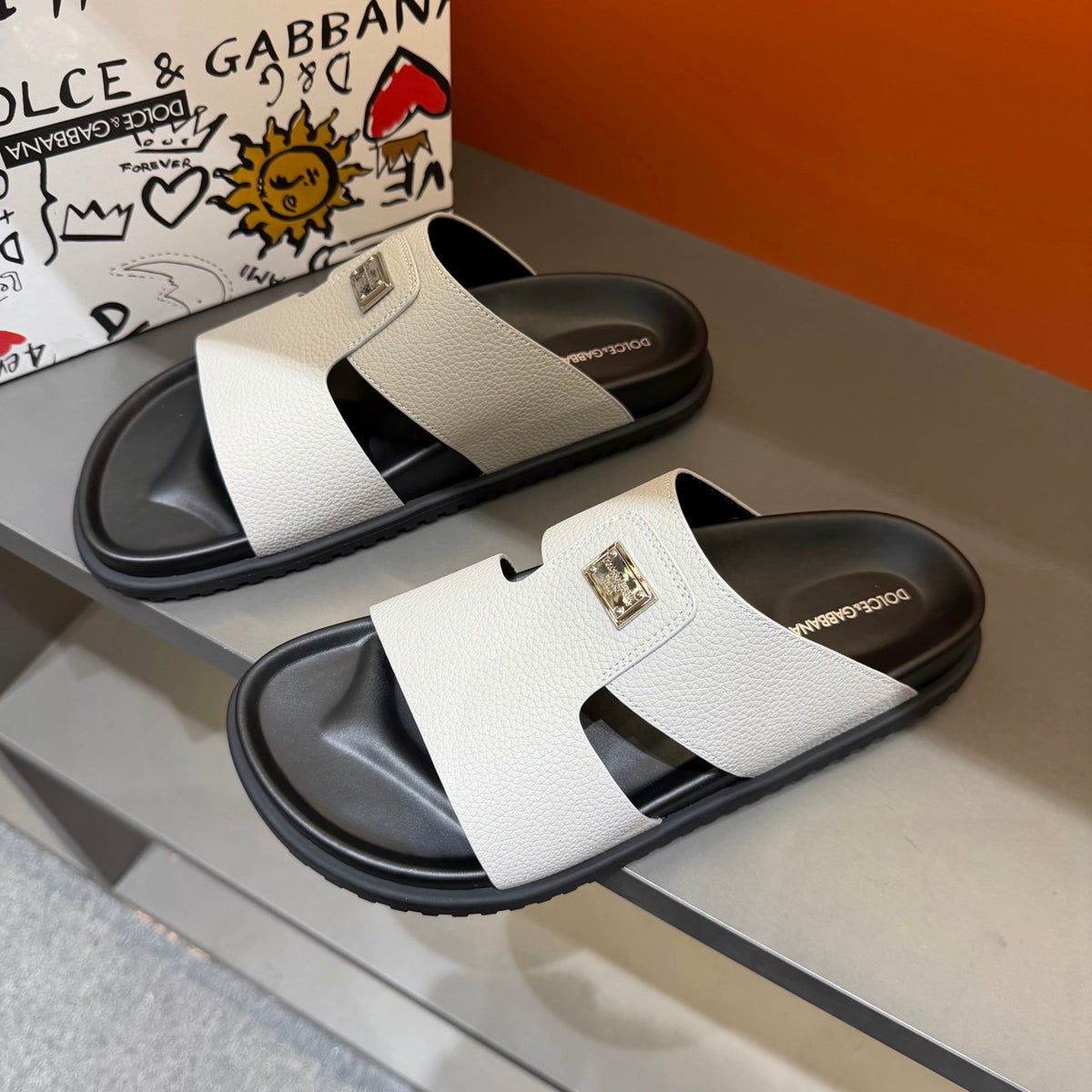 Dolce & Gabbana DG Men's Leather Strap Sandals with Aluminum Buckle