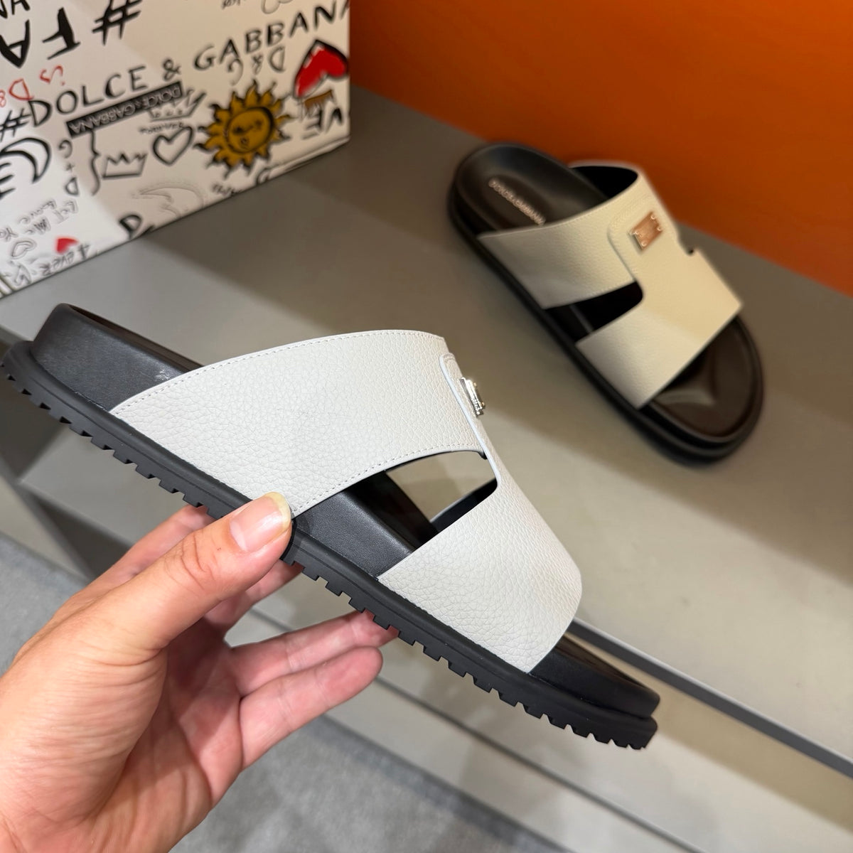 Dolce & Gabbana DG Men's Leather Strap Sandals with Aluminum Buckle