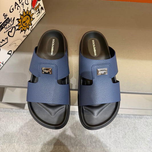 Dolce & Gabbana DG Men's Leather Strap Sandals with Aluminum Buckle