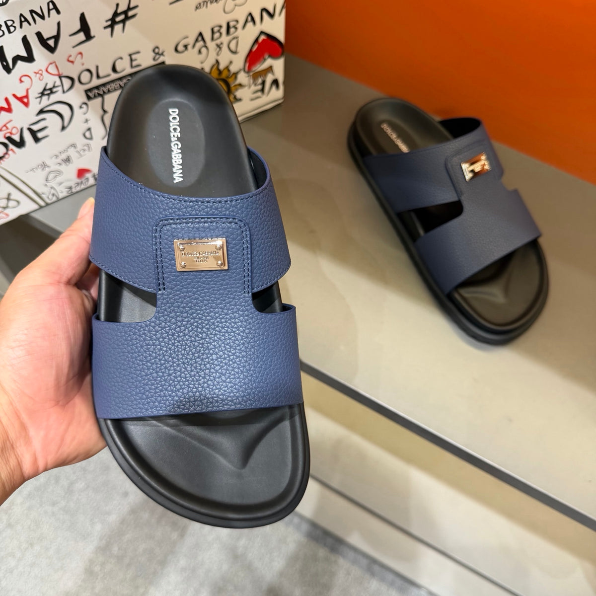 Dolce & Gabbana DG Men's Leather Strap Sandals with Aluminum Buckle