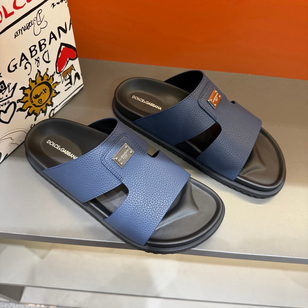 Dolce & Gabbana DG Men's Leather Strap Sandals with Aluminum Buckle