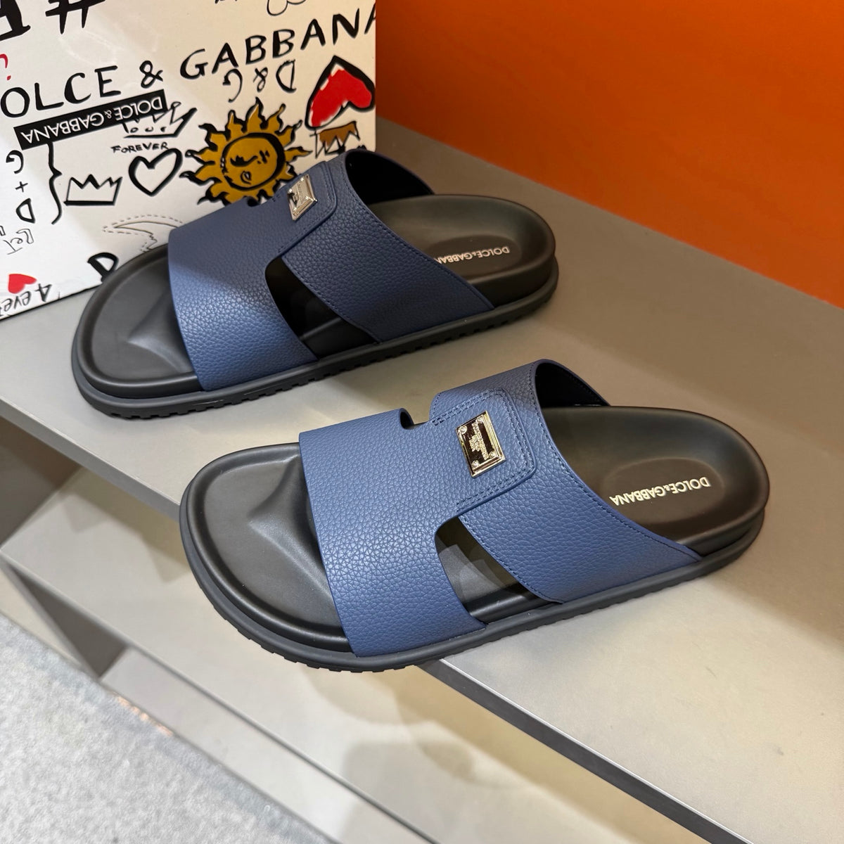 Dolce & Gabbana DG Men's Leather Strap Sandals with Aluminum Buckle