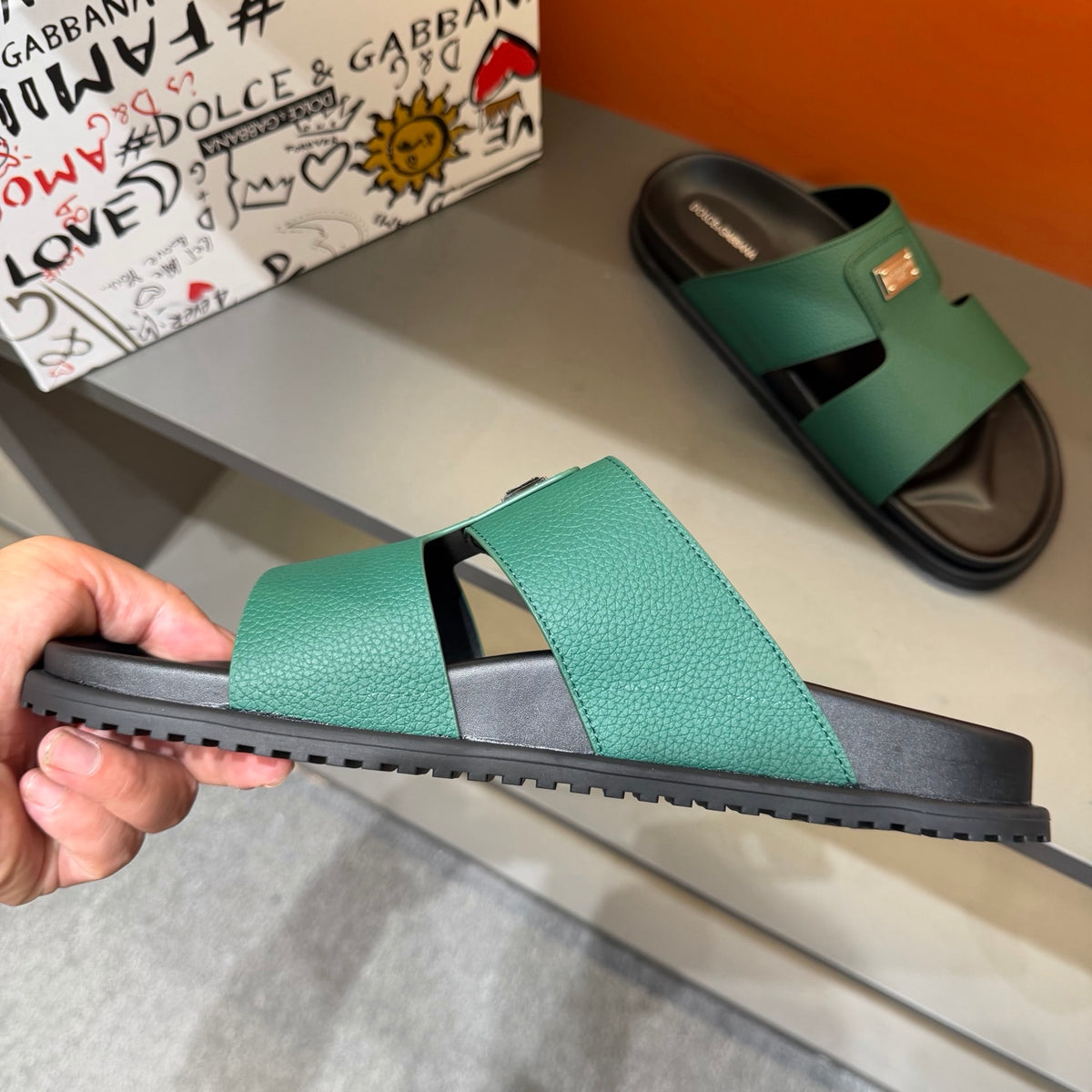 Dolce & Gabbana DG Men's Leather Strap Sandals with Aluminum Buckle