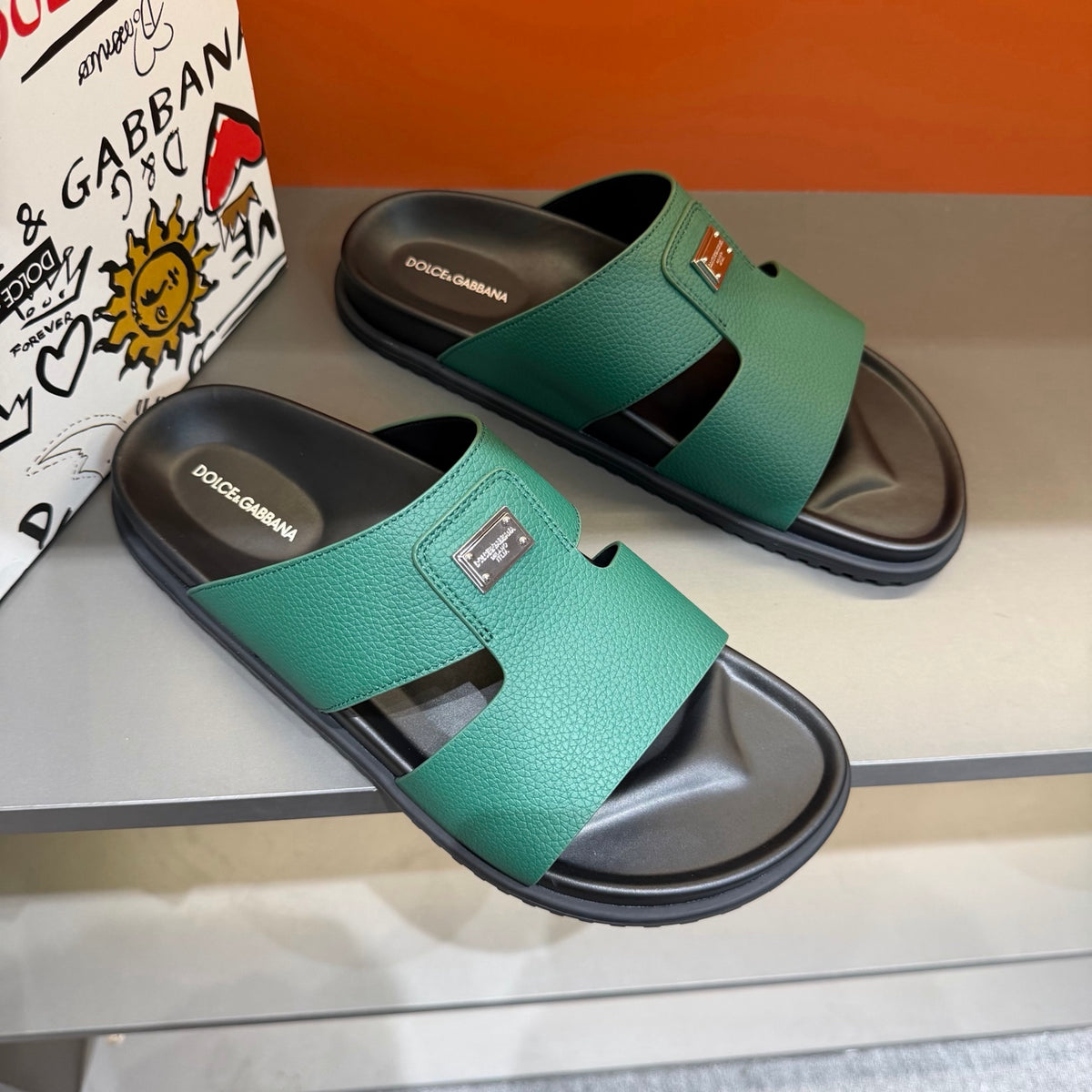 Dolce & Gabbana DG Men's Leather Strap Sandals with Aluminum Buckle