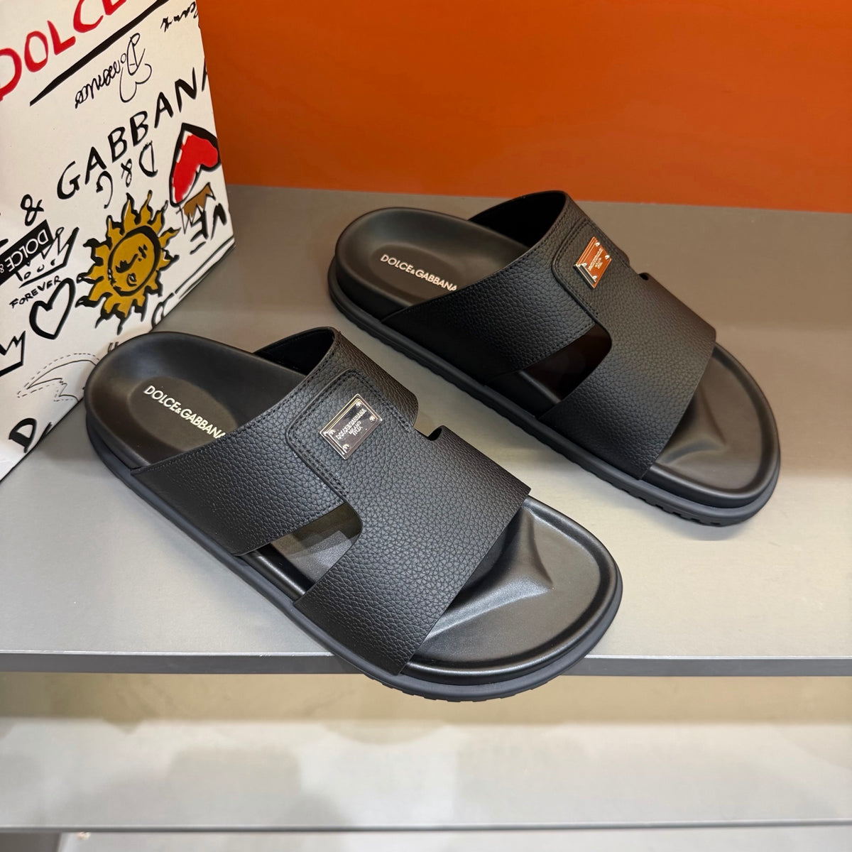 Dolce & Gabbana DG Men's Leather Strap Sandals with Aluminum Buckle