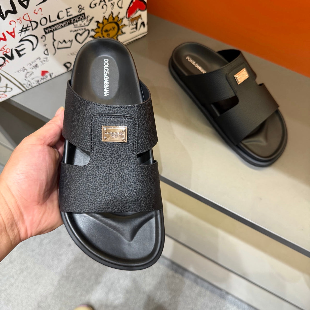 Dolce & Gabbana DG Men's Leather Strap Sandals with Aluminum Buckle
