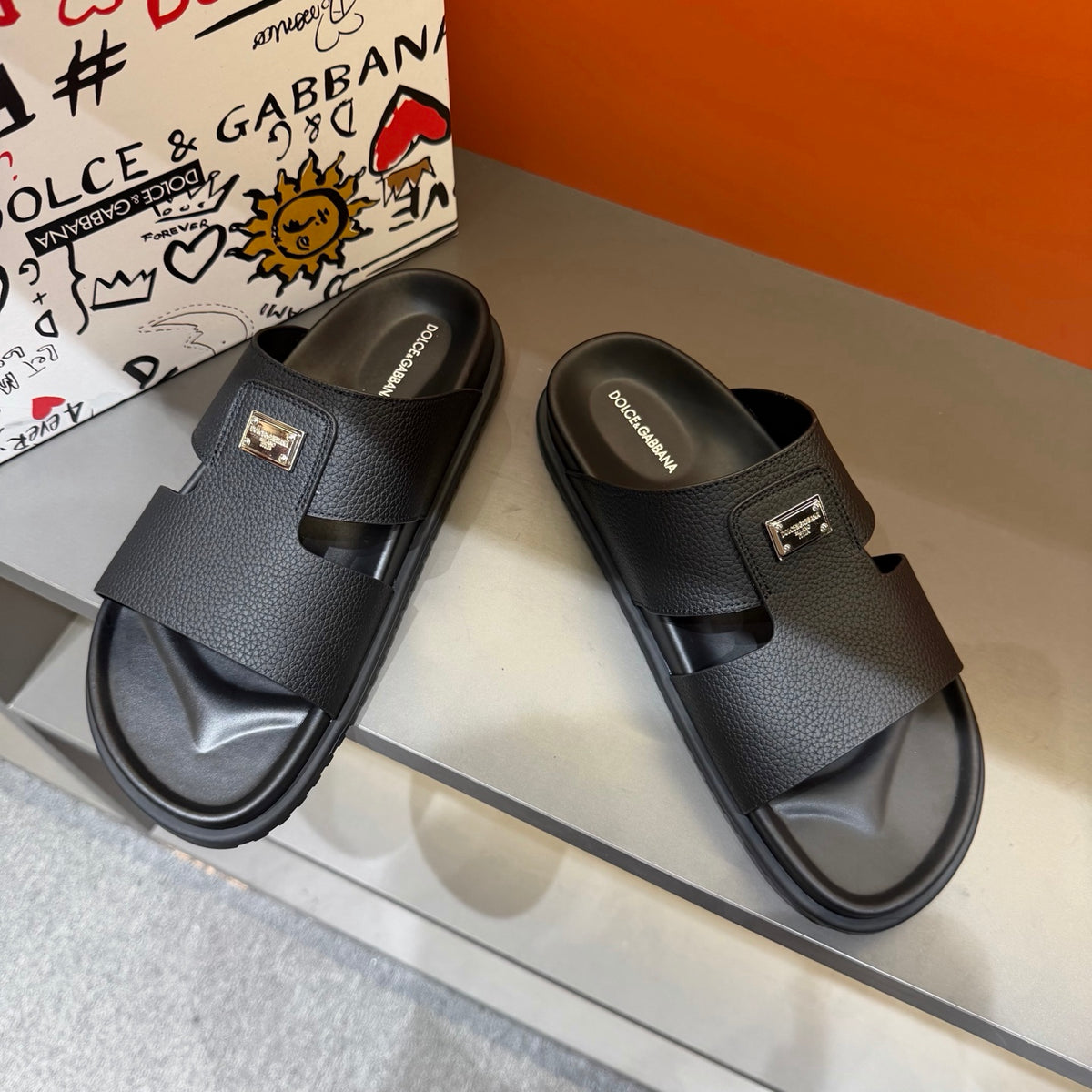 Dolce & Gabbana DG Men's Leather Strap Sandals with Aluminum Buckle