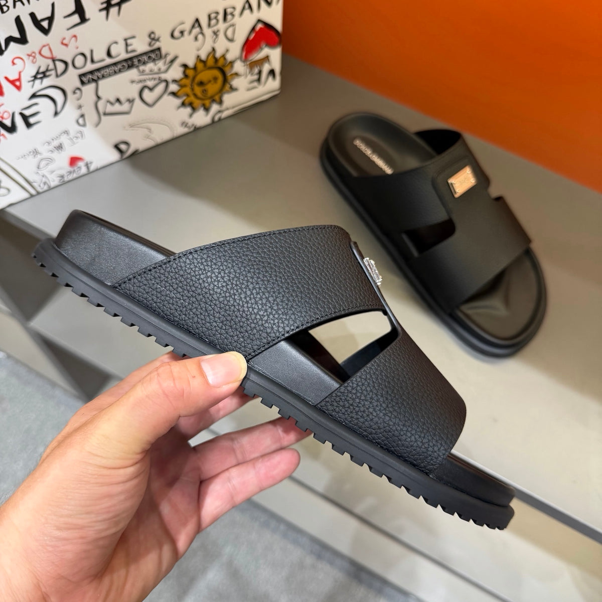 Dolce & Gabbana DG Men's Leather Strap Sandals with Aluminum Buckle