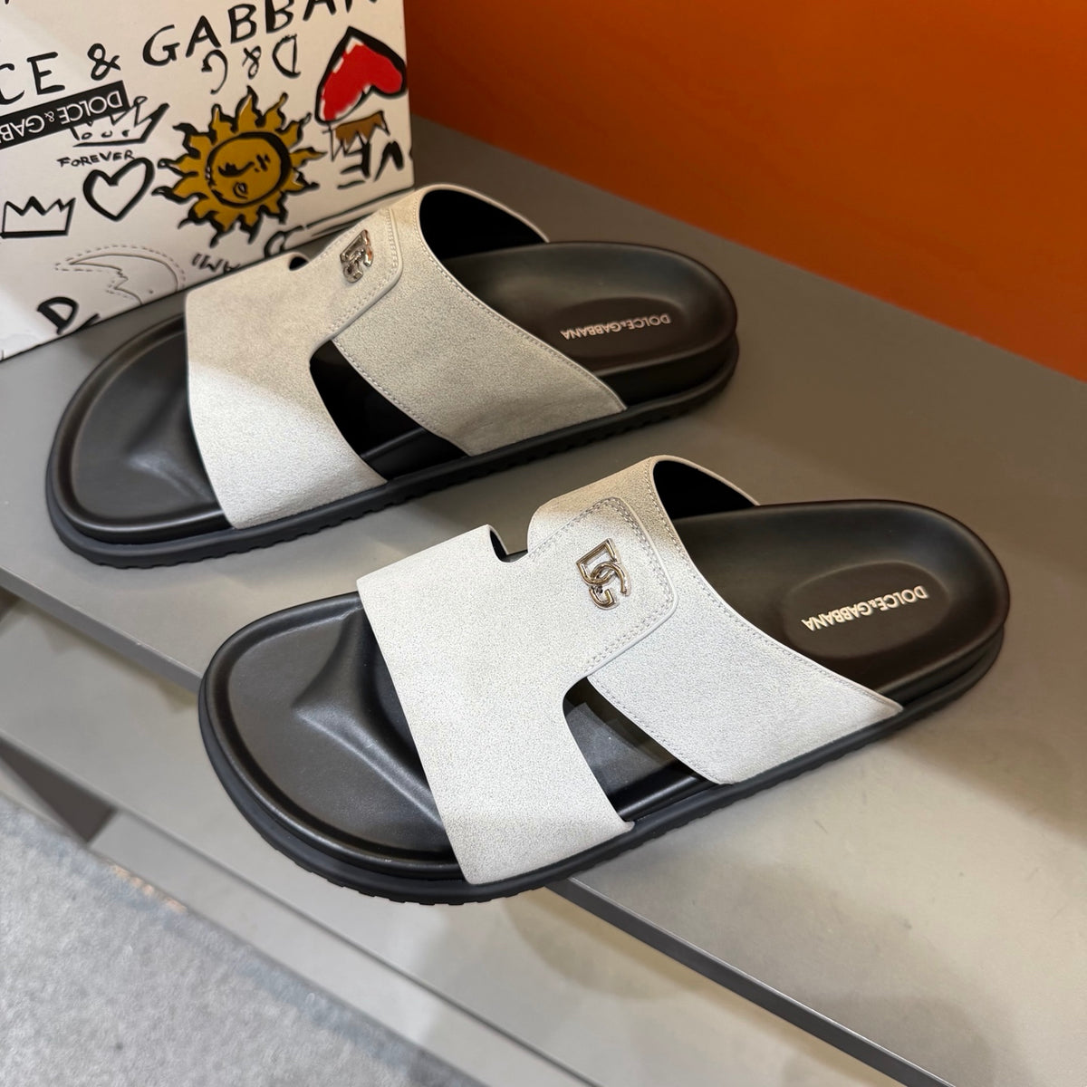Dolce & Gabbana DG Men's Leather Strap Sandals with Aluminum Buckle