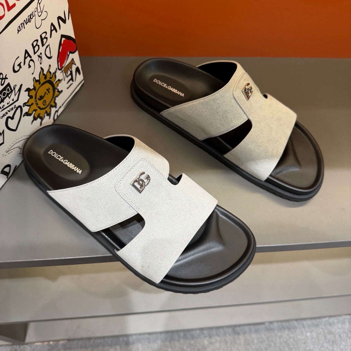 Dolce & Gabbana DG Men's Leather Strap Sandals with Aluminum Buckle