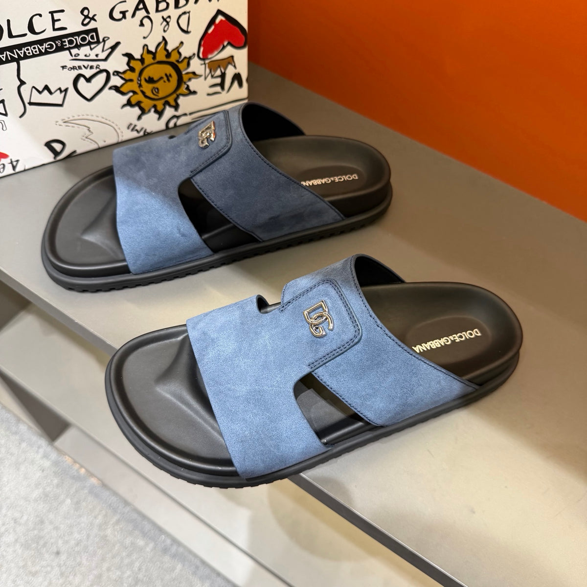 Dolce & Gabbana DG Men's Leather Strap Sandals with Aluminum Buckle