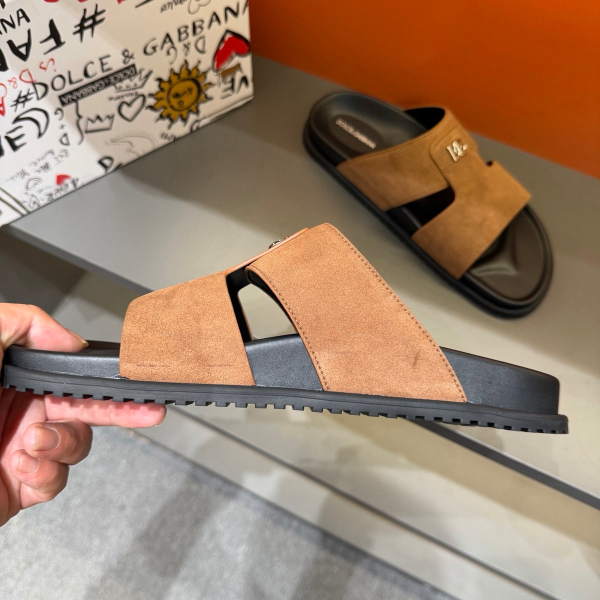 Dolce & Gabbana DG Men's Leather Strap Sandals with Aluminum Buckle