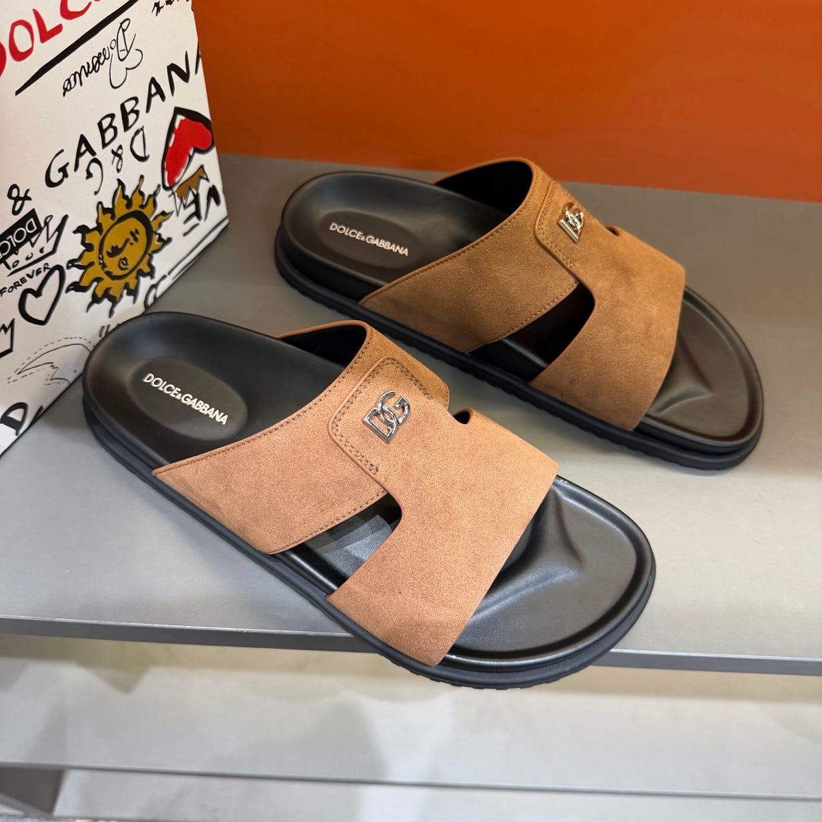 Dolce & Gabbana DG Men's Leather Strap Sandals with Aluminum Buckle