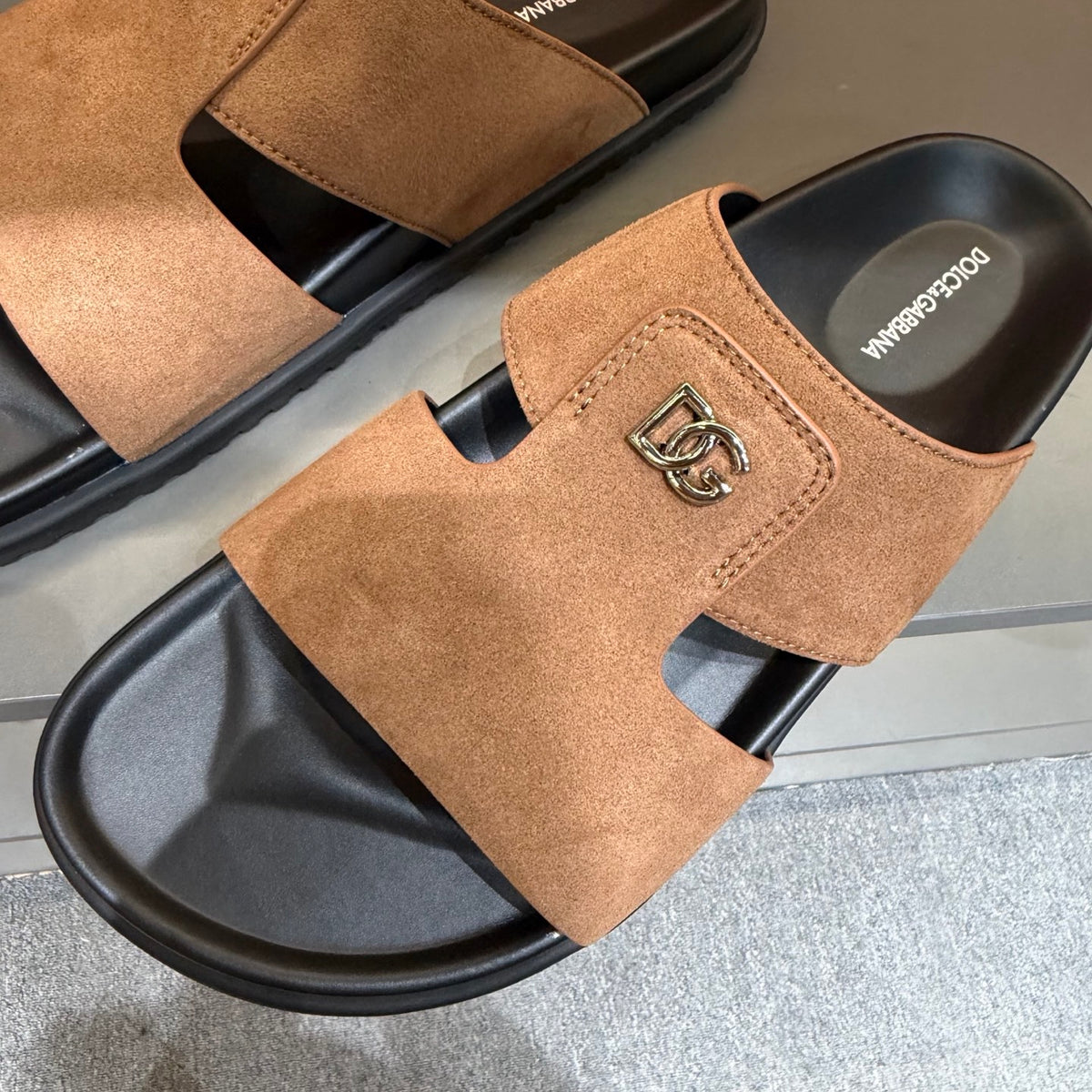 Dolce & Gabbana DG Men's Leather Strap Sandals with Aluminum Buckle