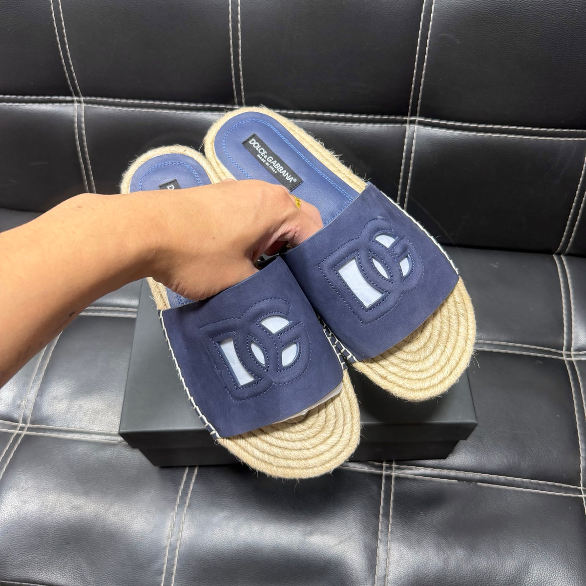 Dolce & Gabbana DG Men's Leather Strap Sandals with Aluminum Buckle