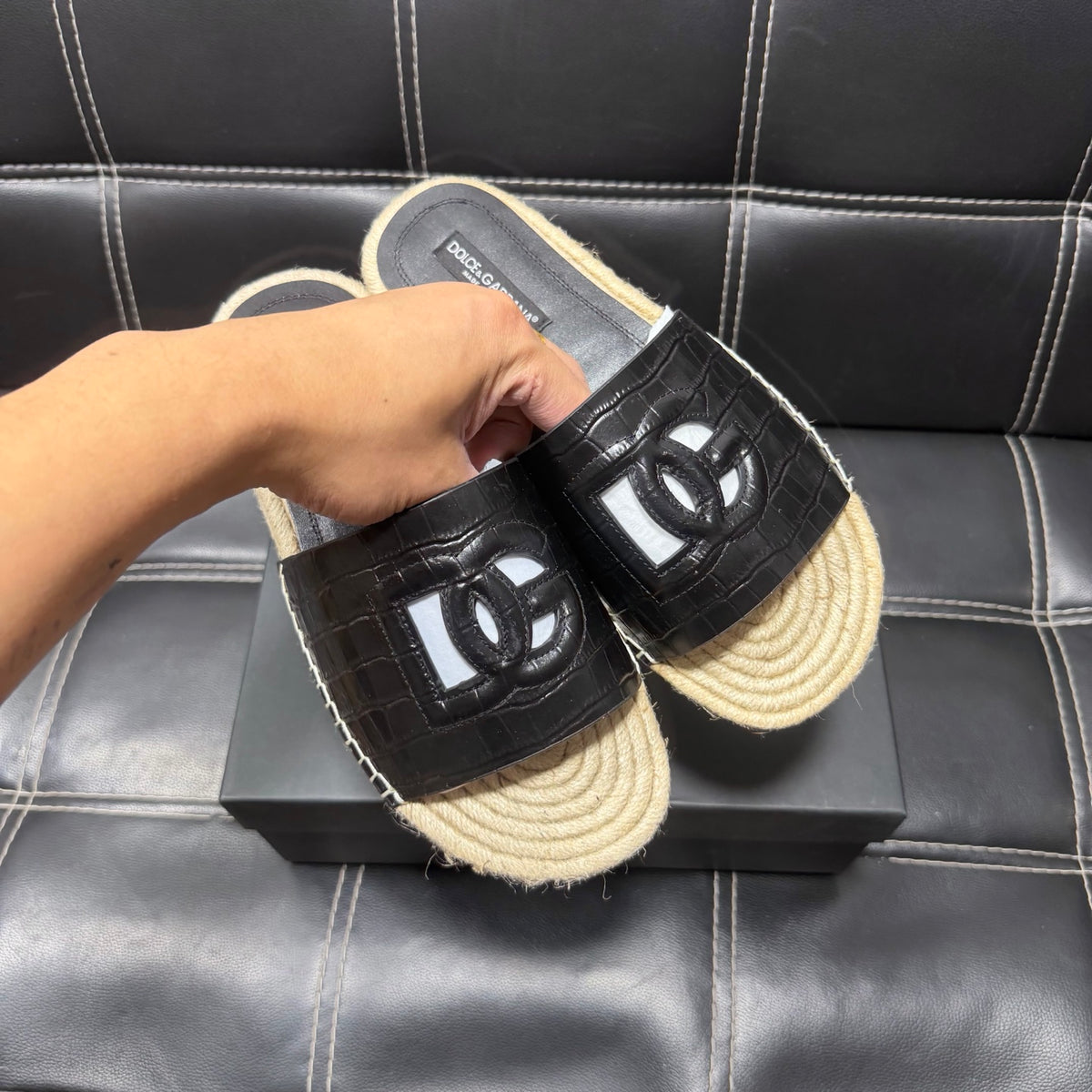 Dolce & Gabbana DG Men's Leather Strap Sandals with Aluminum Buckle