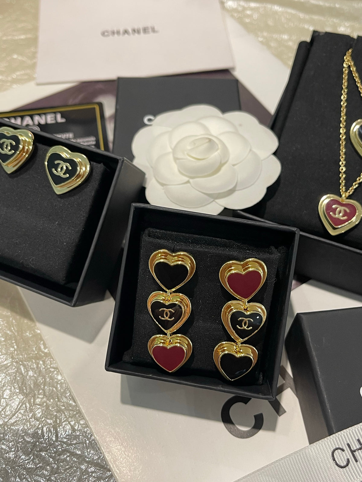 black and gold heart Drop Earrings for women - alternate angle view 2