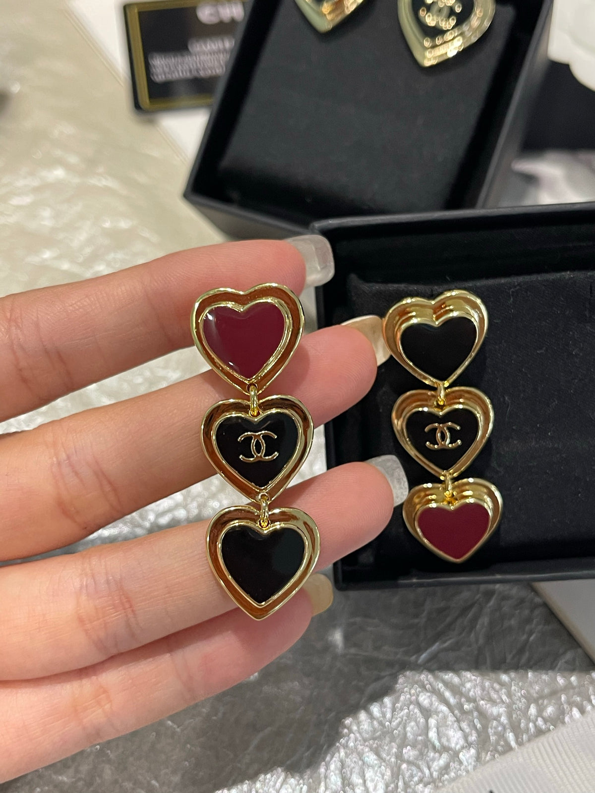 black and gold heart Drop Earrings for women - alternate angle view 6