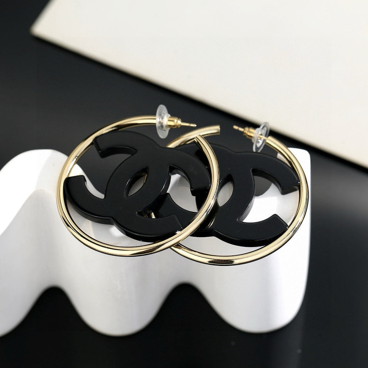 black and white acrylic luxury Stud Earrings for women - alternate angle view 3