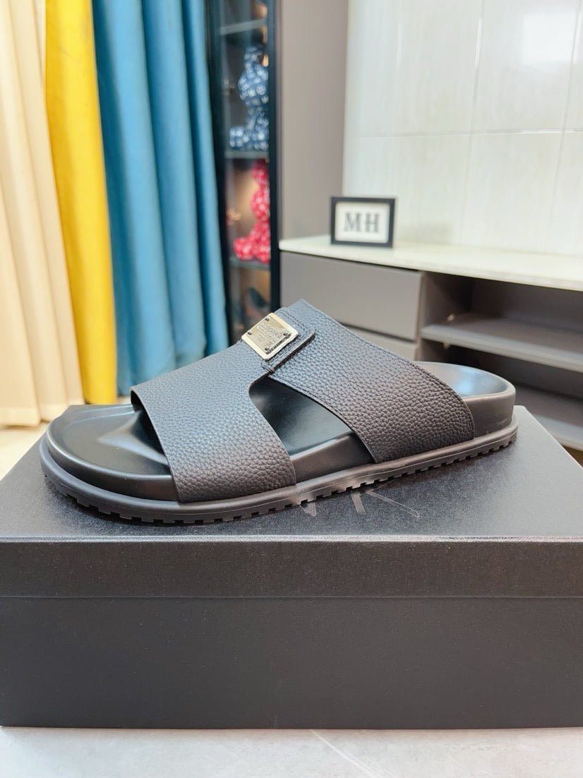 Dolce & Gabbana DG Men's Leather Strap Sandals with Aluminum Buckle