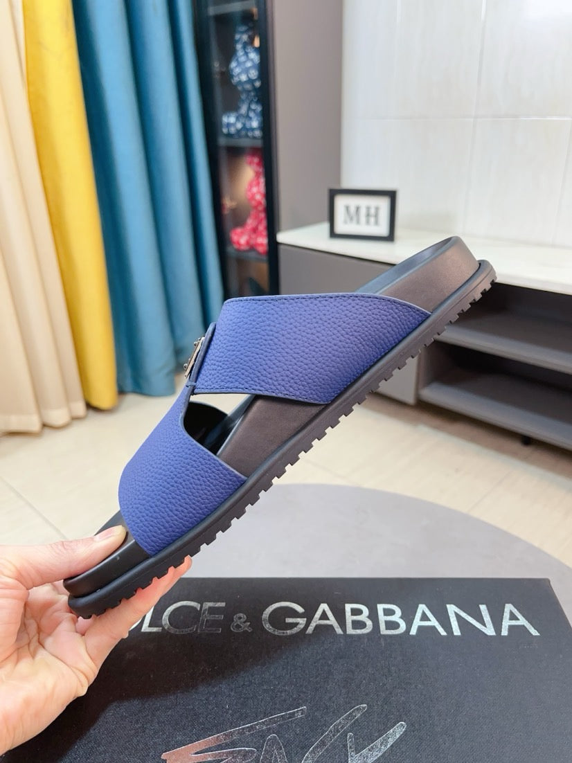 Dolce & Gabbana DG Men's Leather Strap Sandals with Aluminum Buckle