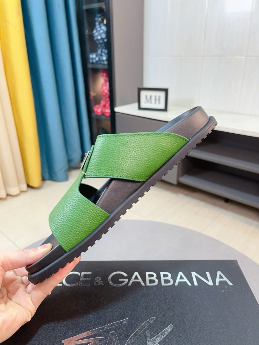Dolce & Gabbana DG Men's Leather Strap Sandals with Aluminum Buckle