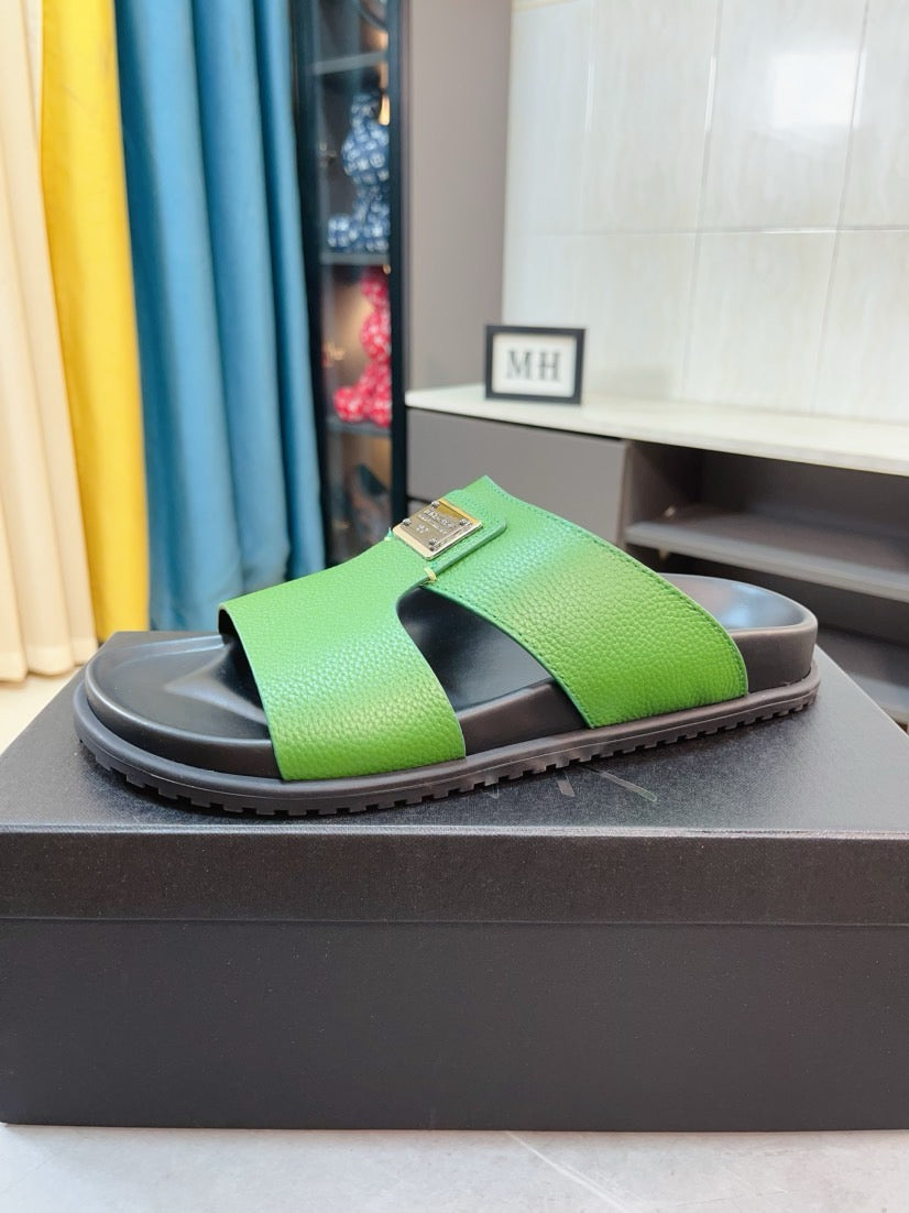 Dolce & Gabbana DG Men's Leather Strap Sandals with Aluminum Buckle