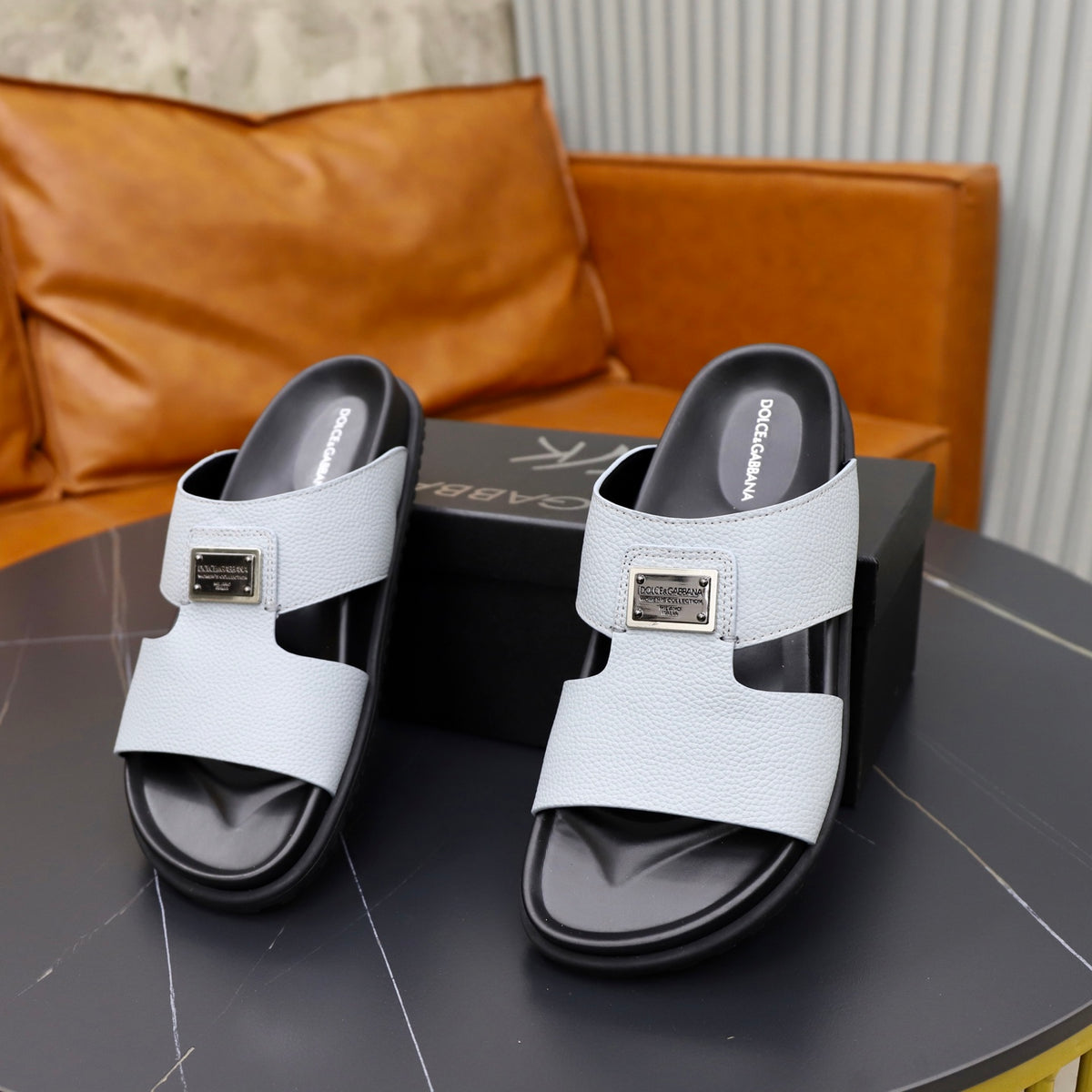 Dolce & Gabbana DG Men's Structured-Logo Slides in Leather