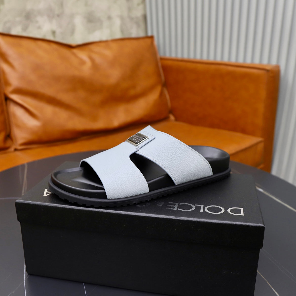 Dolce & Gabbana DG Men's Structured-Logo Slides in Leather