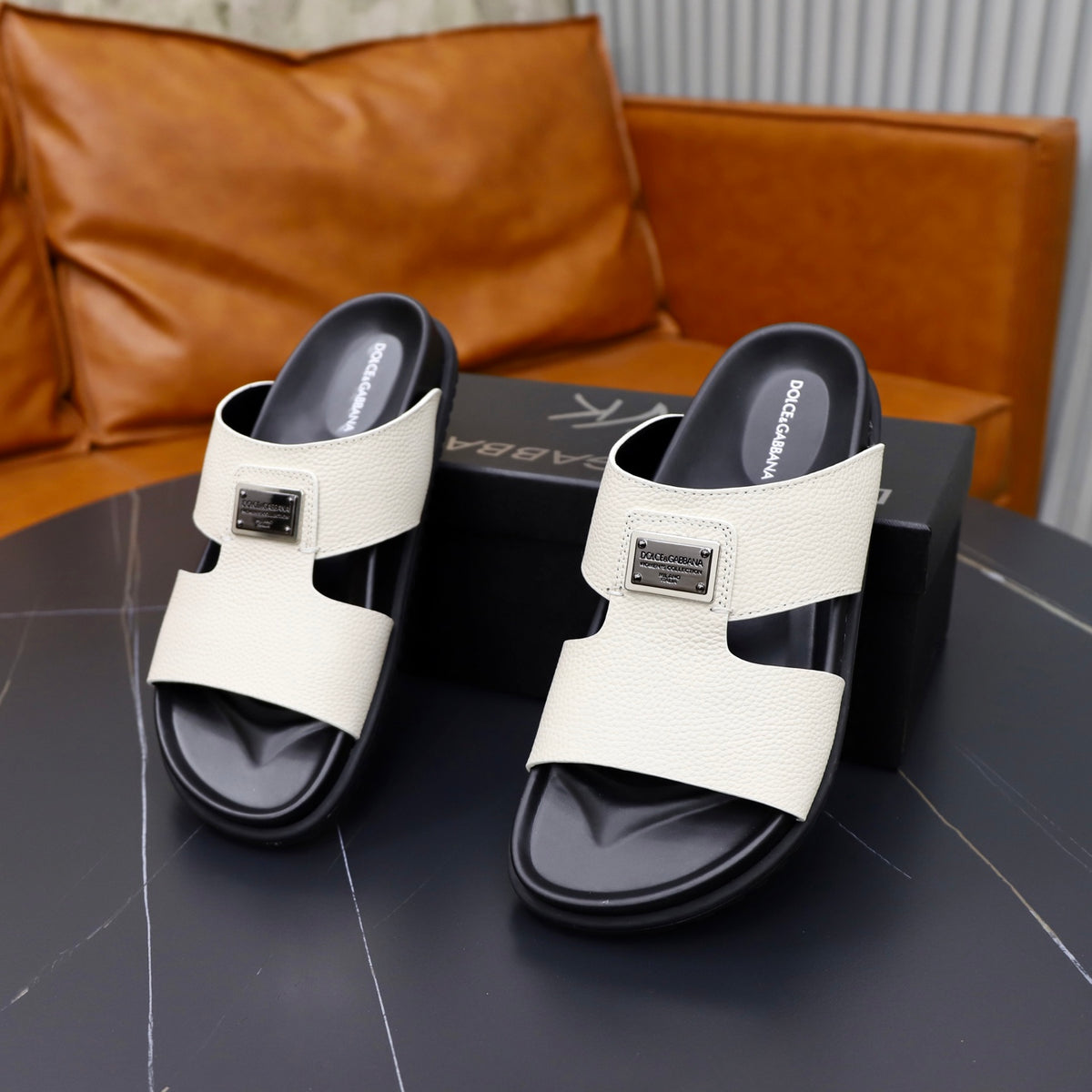 Dolce & Gabbana DG Men's Structured-Logo Slides in Leather