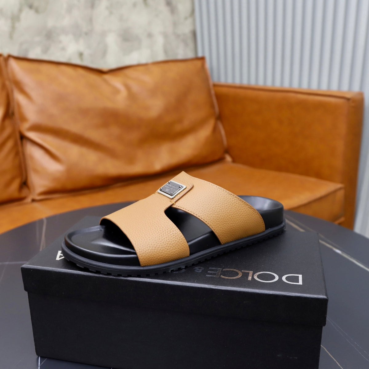 Dolce & Gabbana DG Men's Structured-Logo Slides in Leather