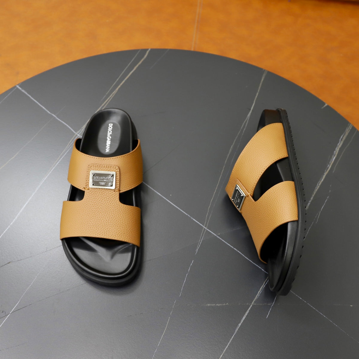 Dolce & Gabbana DG Men's Structured-Logo Slides in Leather