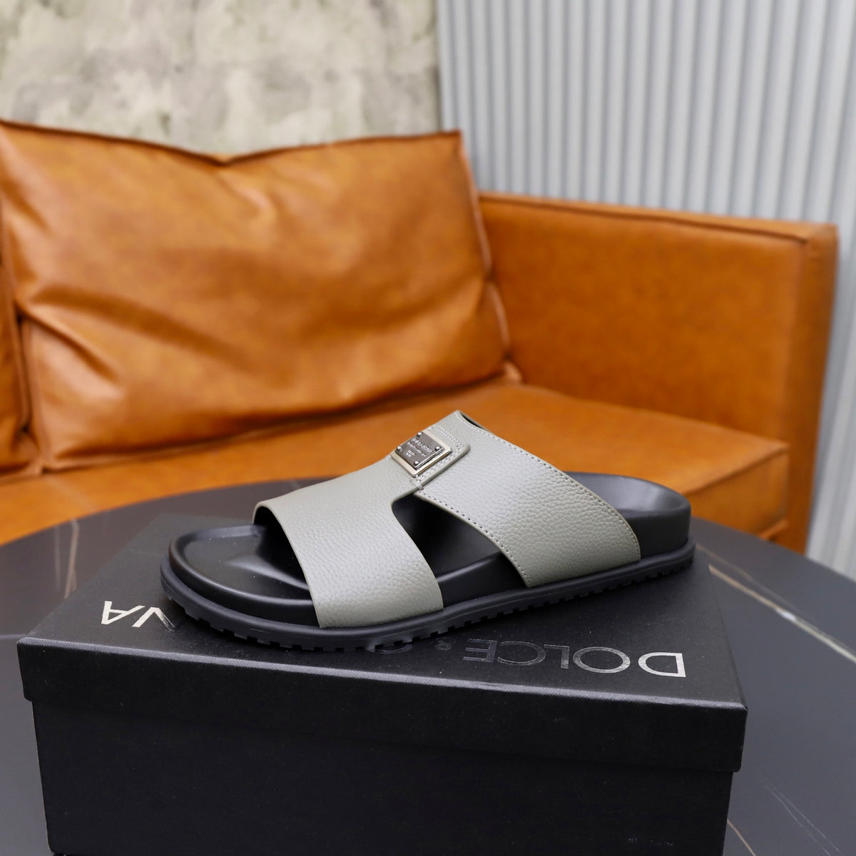 Dolce & Gabbana DG Men's Structured-Logo Slides in Leather