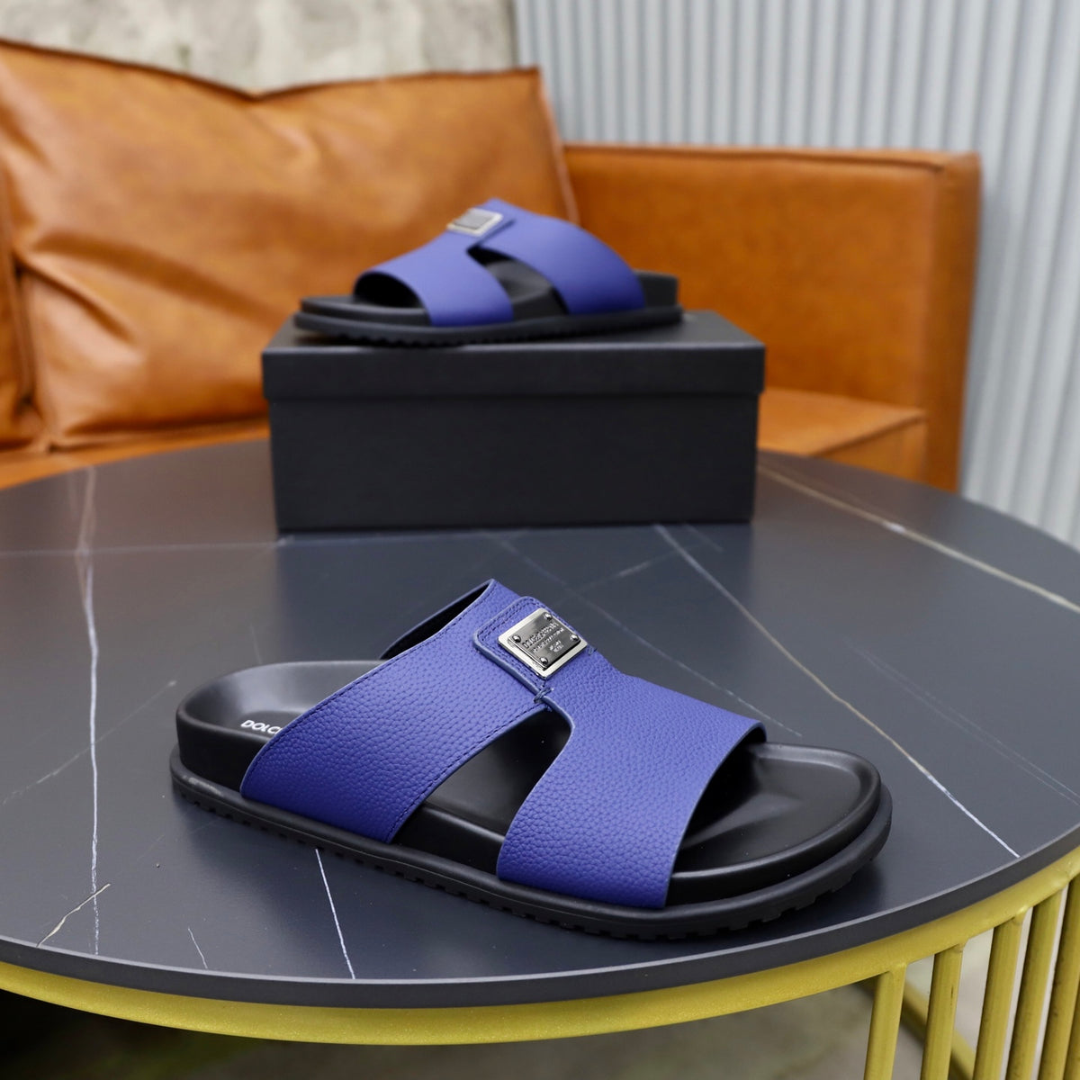 Dolce & Gabbana DG Men's Structured-Logo Slides in Leather