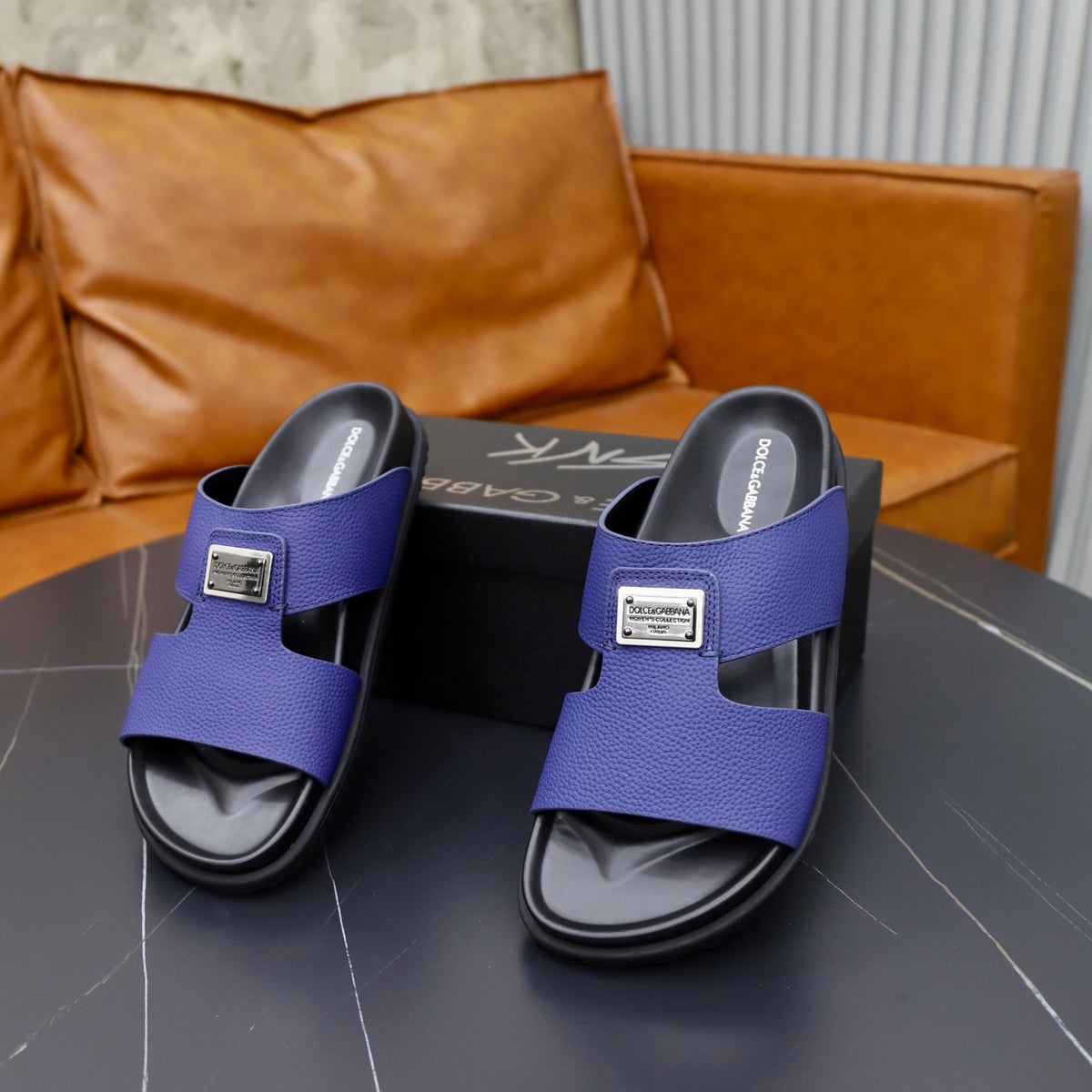 Dolce & Gabbana DG Men's Structured-Logo Slides in Leather