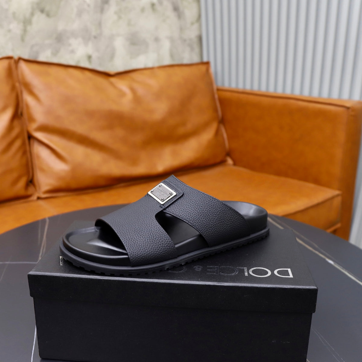 Dolce & Gabbana DG Men's Structured-Logo Slides in Leather
