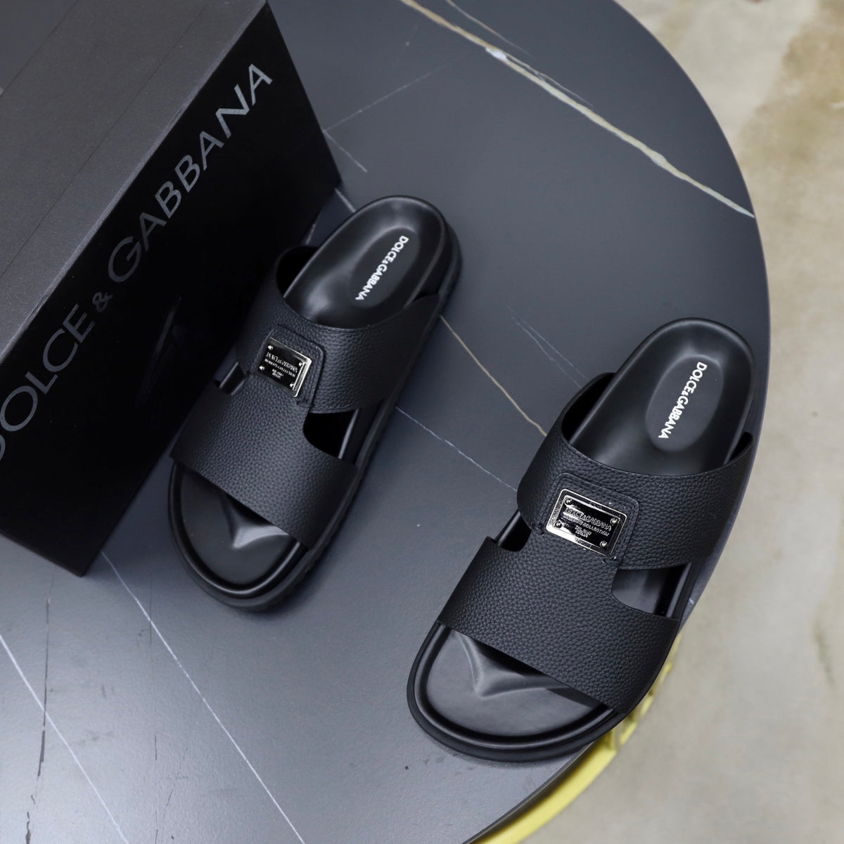 Dolce & Gabbana DG Men's Structured-Logo Slides in Leather