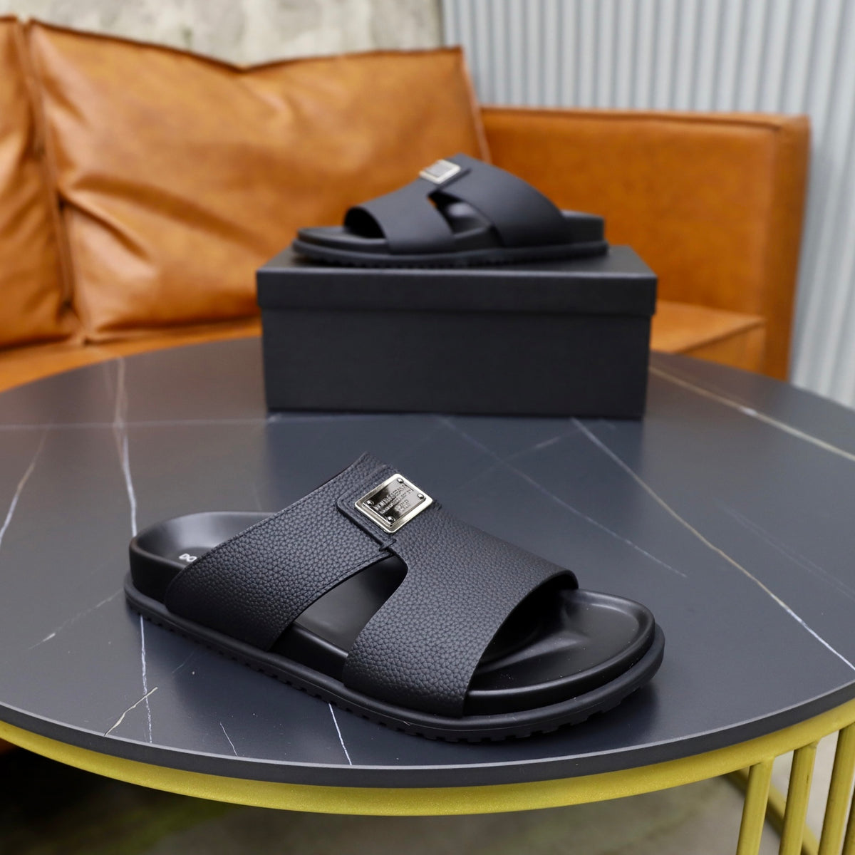 Dolce & Gabbana DG Men's Structured-Logo Slides in Leather