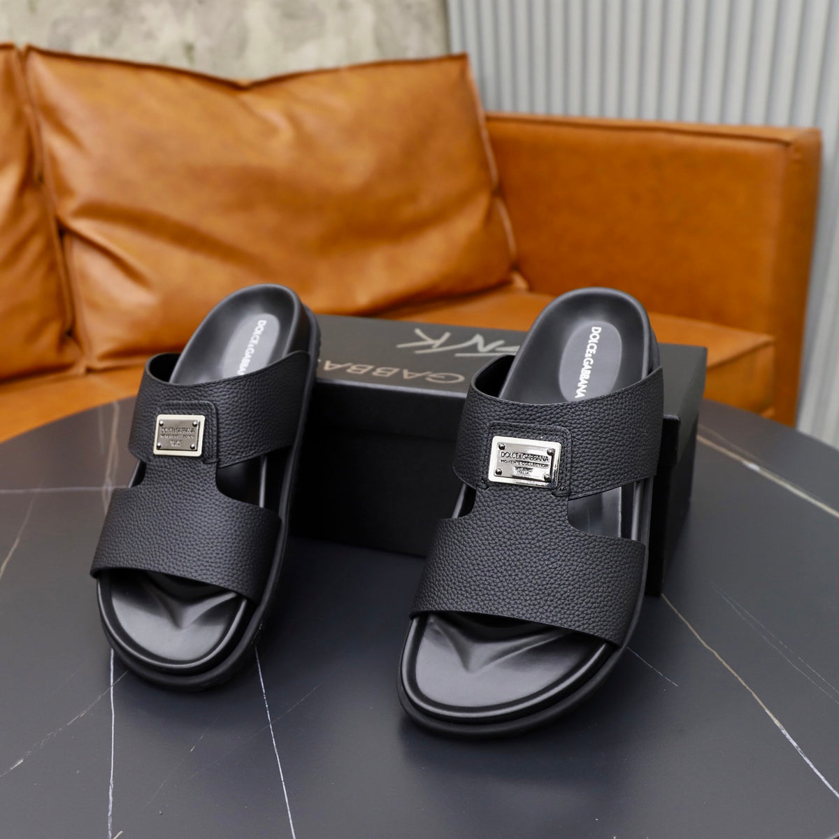 Dolce & Gabbana DG Men's Structured-Logo Slides in Leather