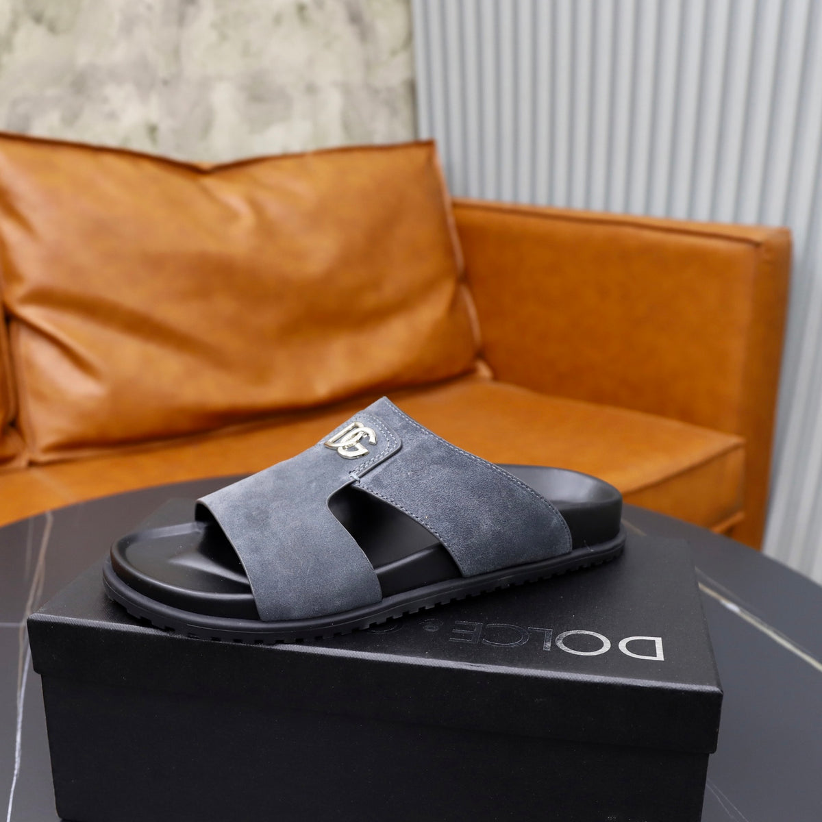Dolce & Gabbana DG Men's Structured-Logo Slides in Leather