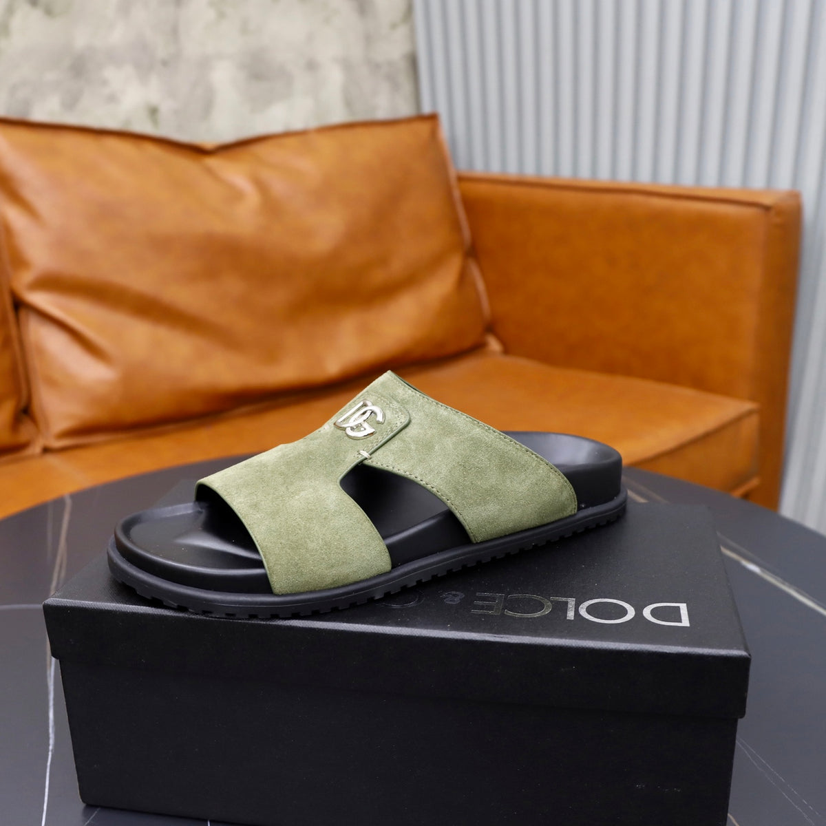 Dolce & Gabbana DG Men's Structured-Logo Slides in Leather