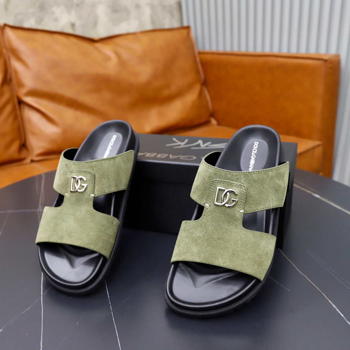 Dolce & Gabbana DG Men's Structured-Logo Slides in Leather