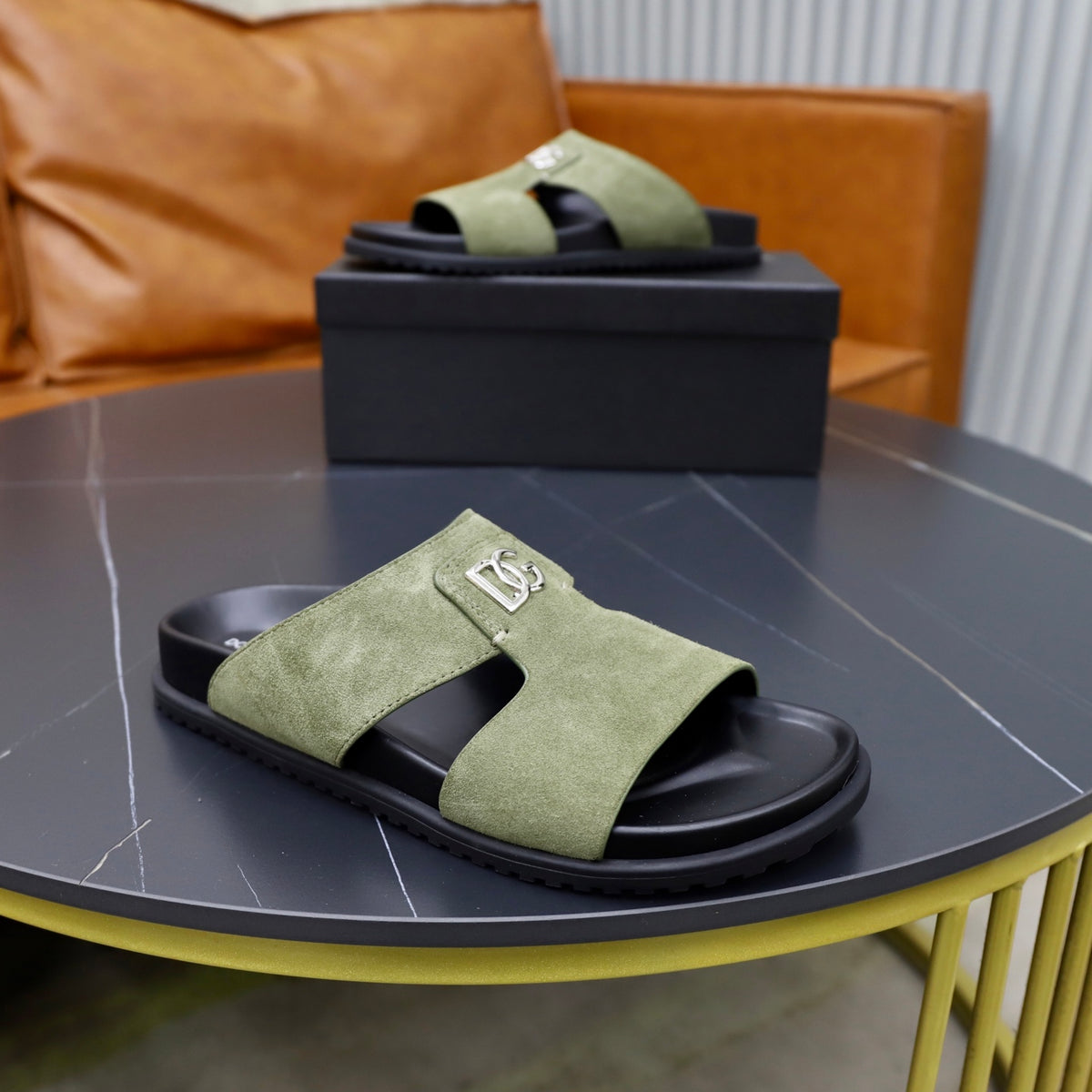 Dolce & Gabbana DG Men's Structured-Logo Slides in Leather