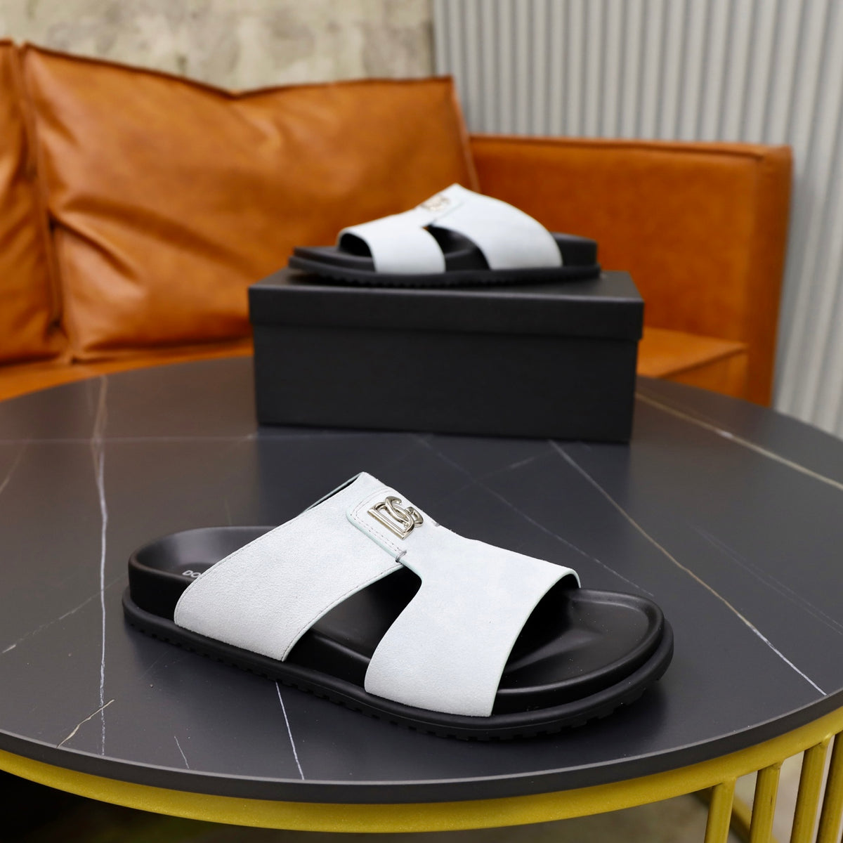 Dolce & Gabbana DG Men's Structured-Logo Slides in Leather