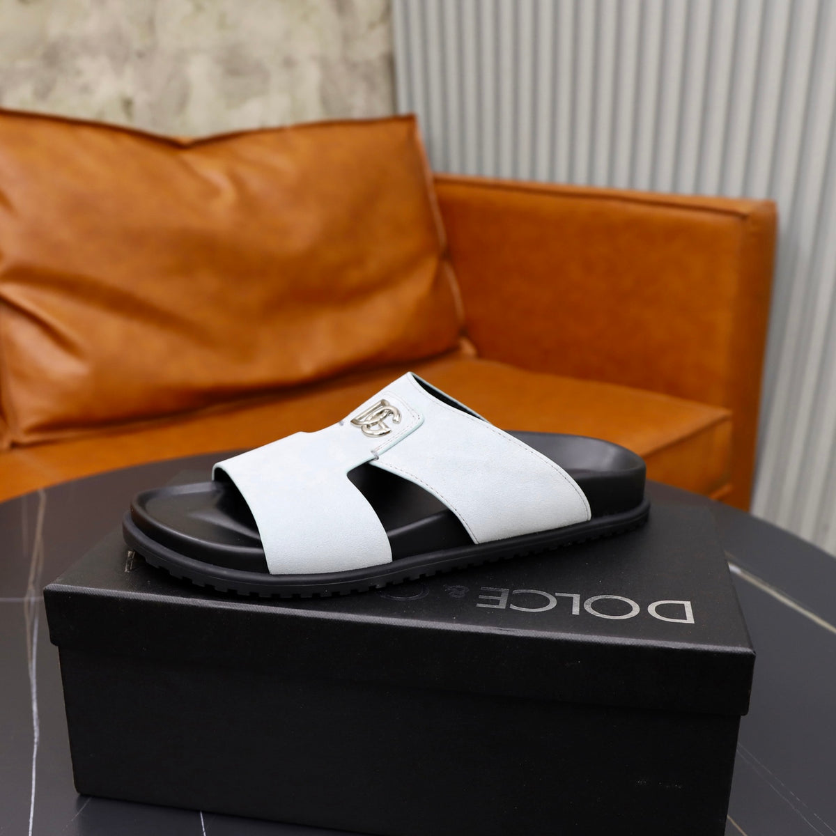 Dolce & Gabbana DG Men's Structured-Logo Slides in Leather