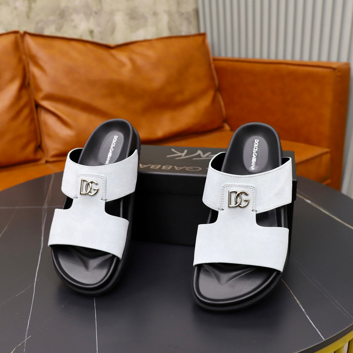 Dolce & Gabbana DG Men's Structured-Logo Slides in Leather